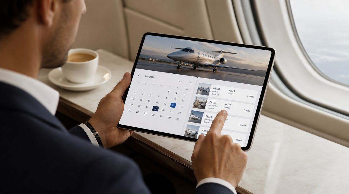 A businessman on a private jet browsing luxury flight schedules on a tablet device.