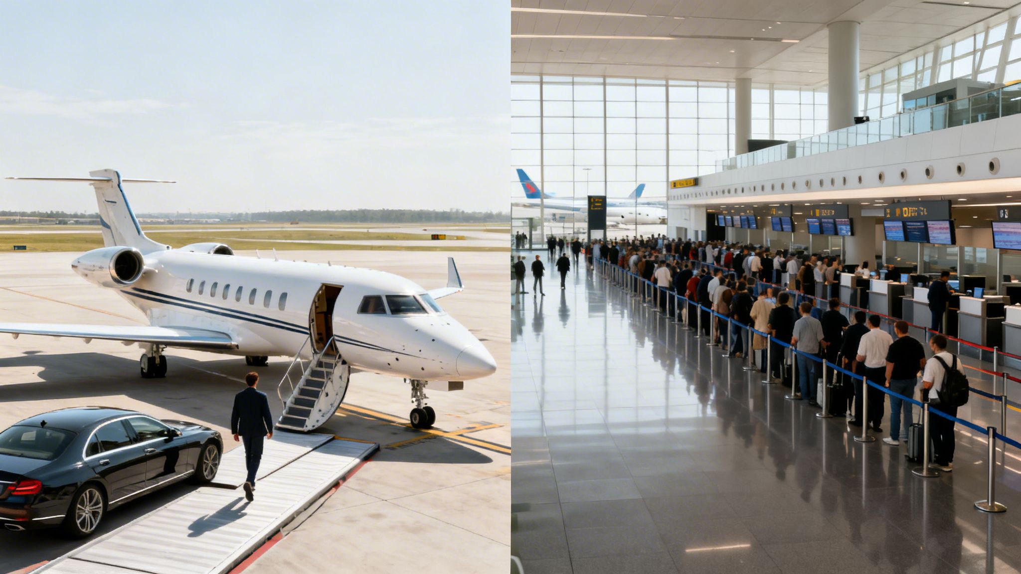 A man boarding a private jet next to a luxury car, contrasted with a long airport queue
