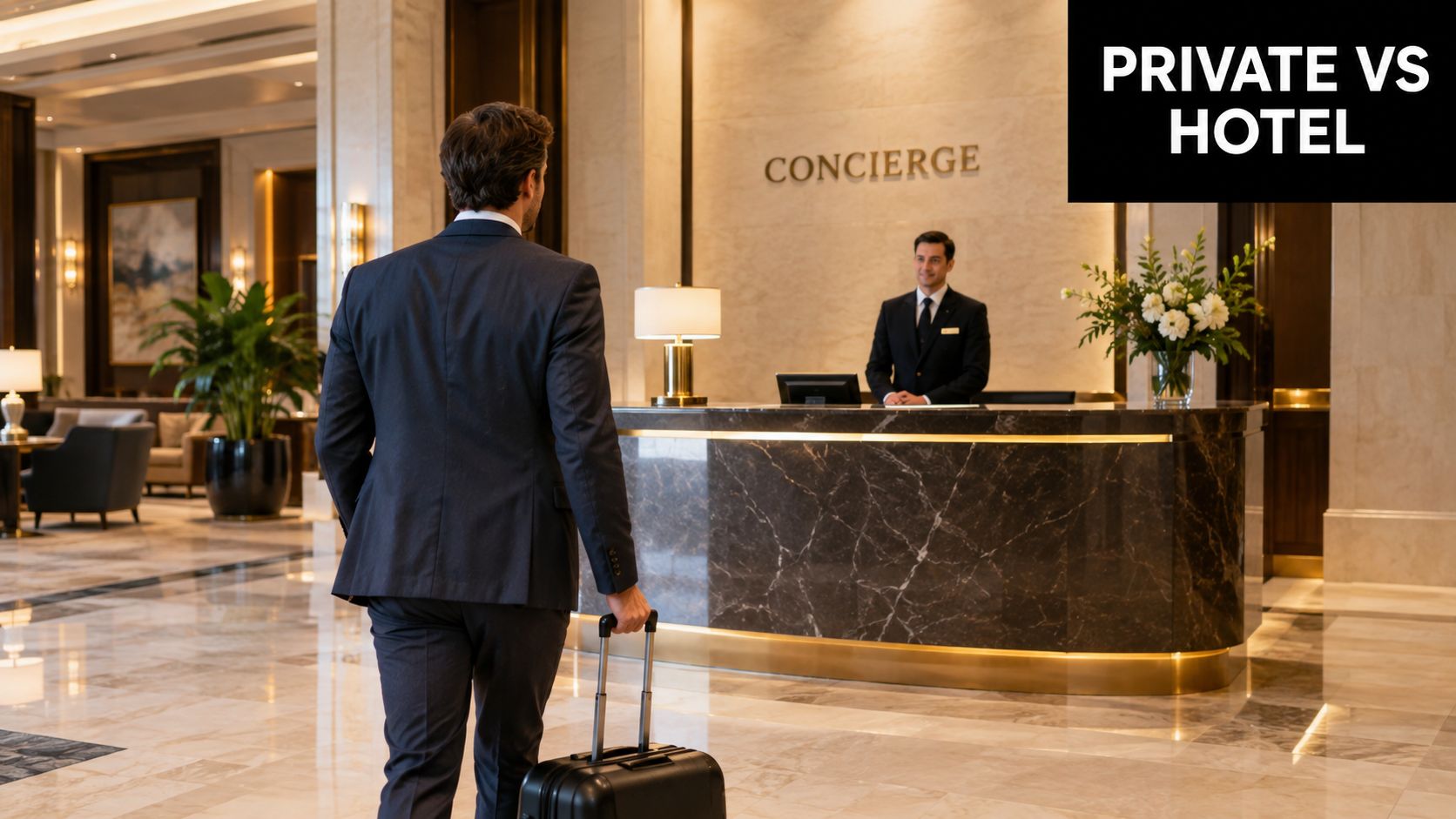 A man in a suit pulls his luggage toward a hotel concierge desk in a luxurious lobby.