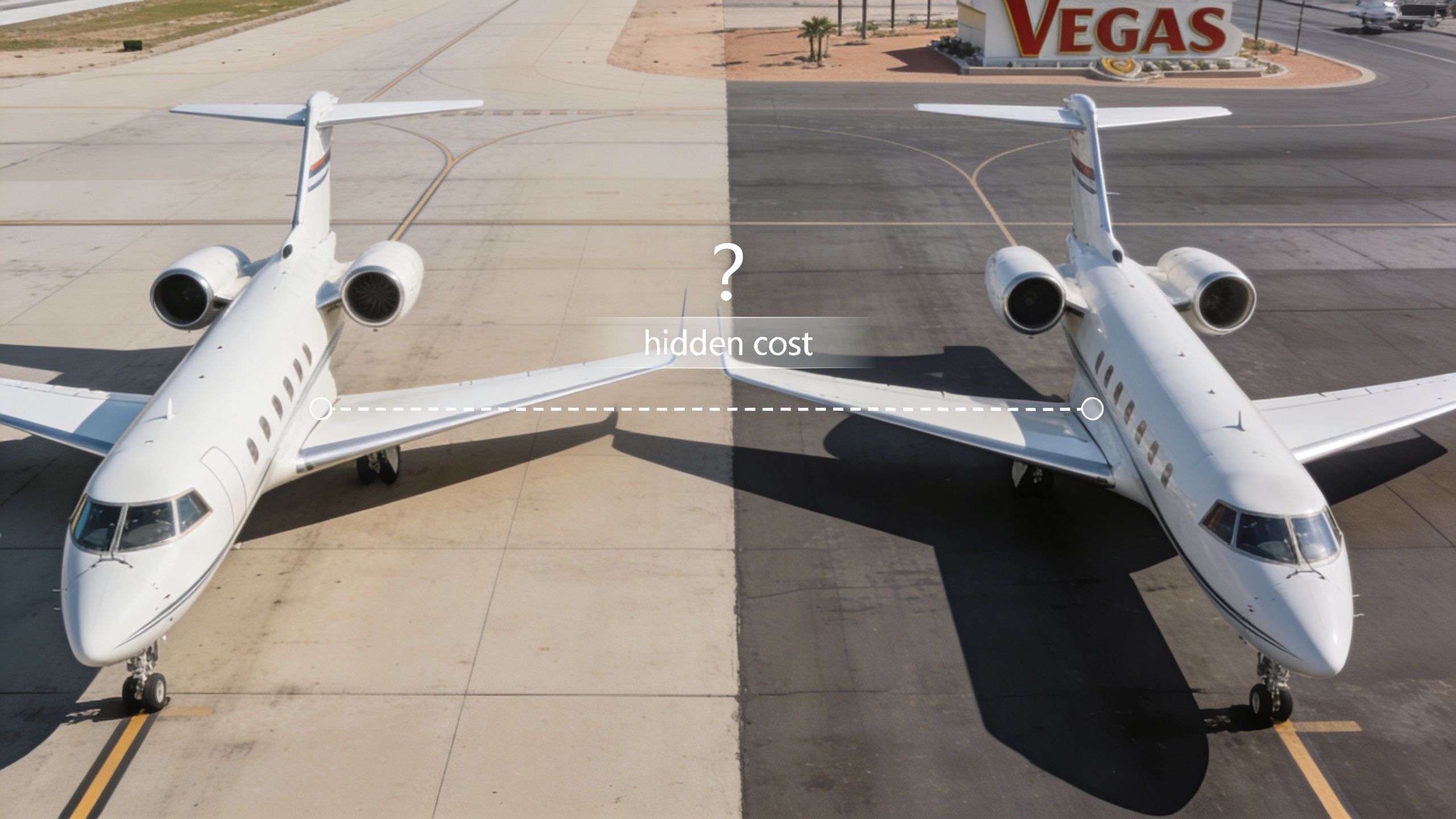 Two private jets parked side by side at an airport near a Las Vegas sign.