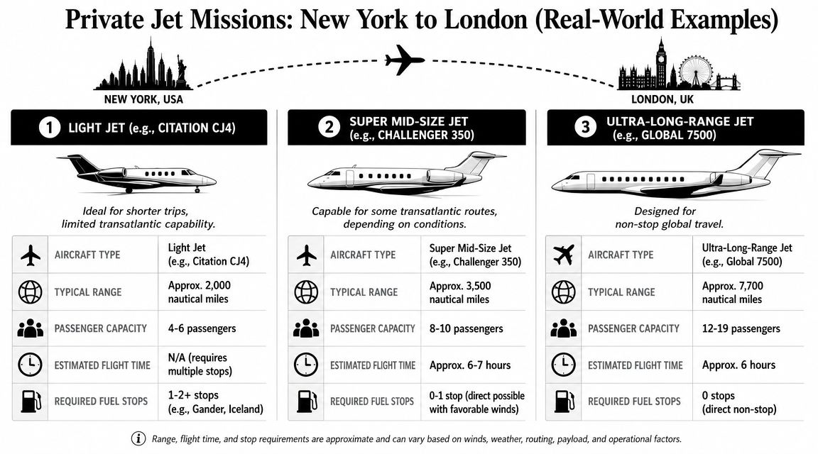 A comparison table showing the range and capabilities of light, super mid-size, and ultra-long-range private jets.