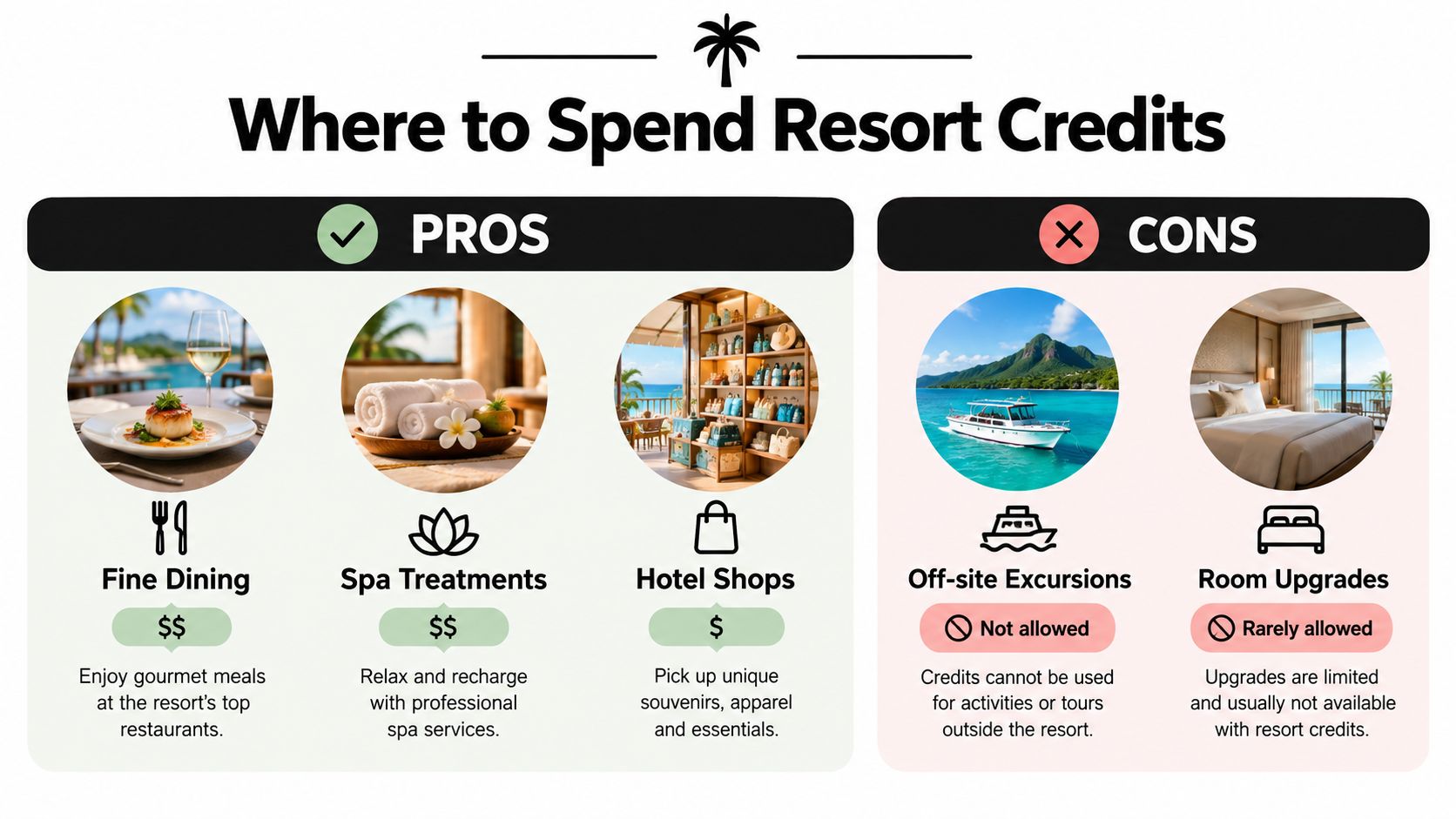 An infographic titled Where to Spend Resort Credits detailing common pros and cons for travelers.