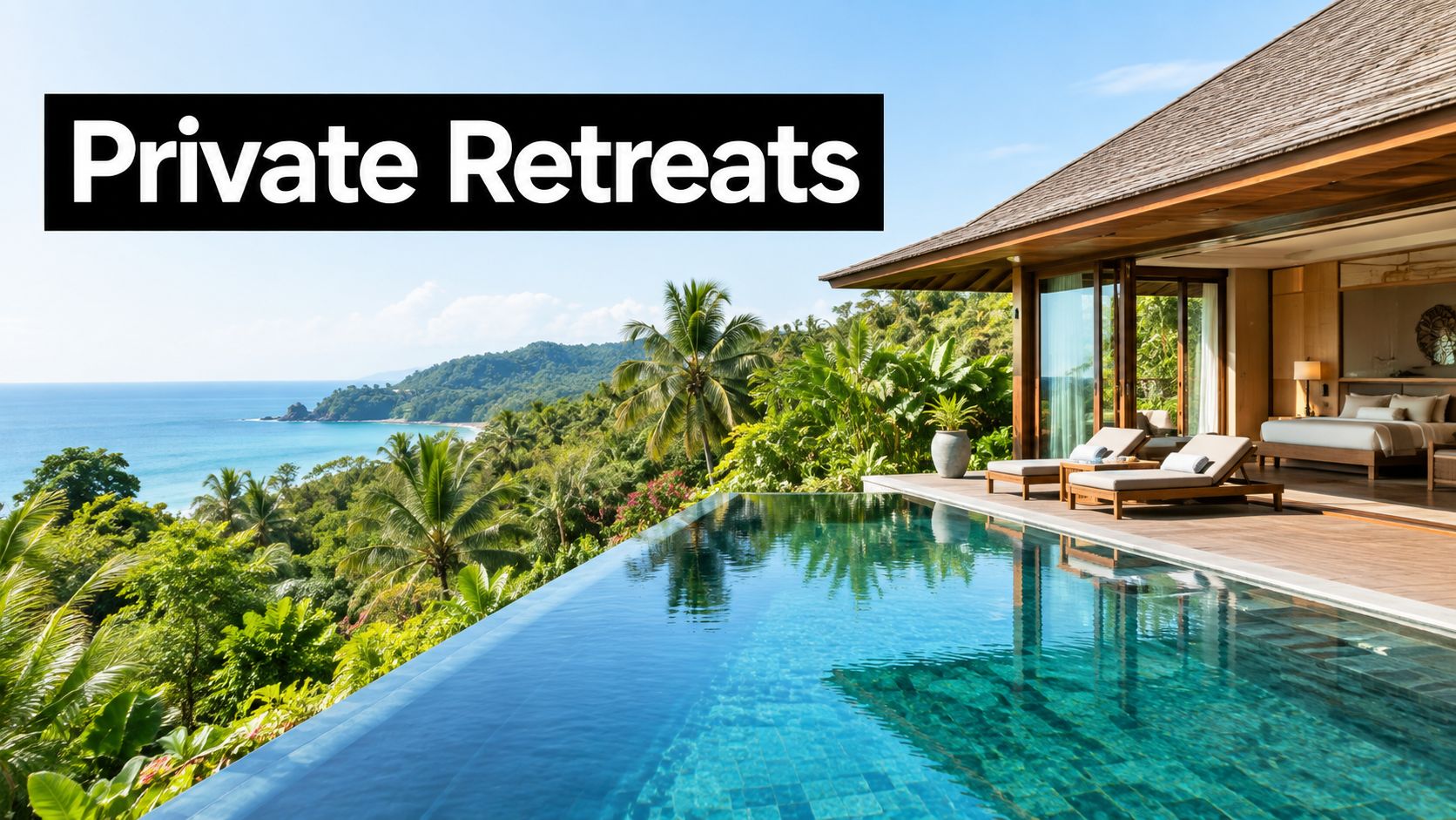 A luxurious infinity pool overlooking a tropical coastline with a private villa and lush jungle vegetation.
