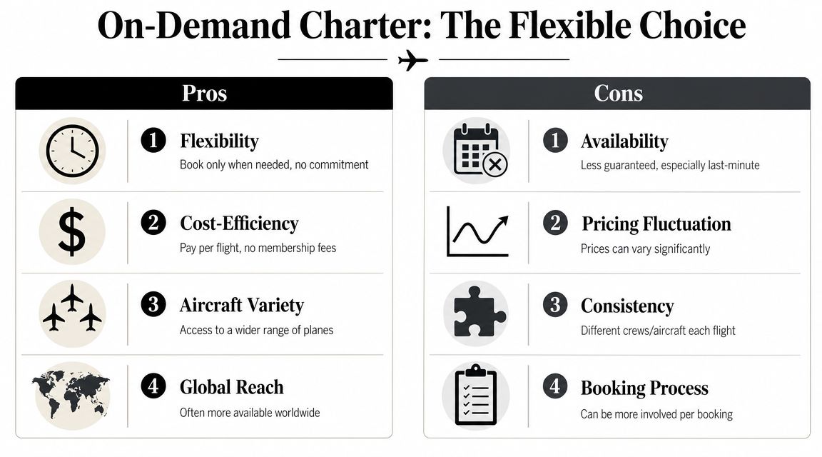 A comparative infographic outlining the pros and cons of on-demand private jet charter services.