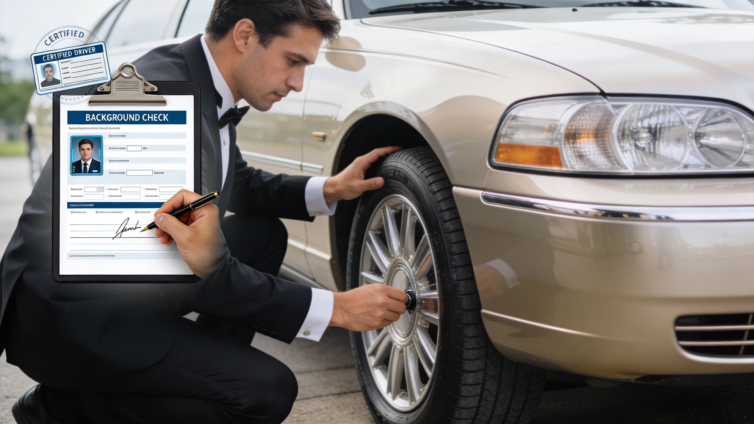 A chauffeur in a formal suit inspecting a luxury car tire with a background check document overlay.