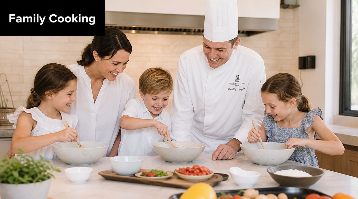 A professional chef teaches a mother and two young children how to cook in a kitchen.
