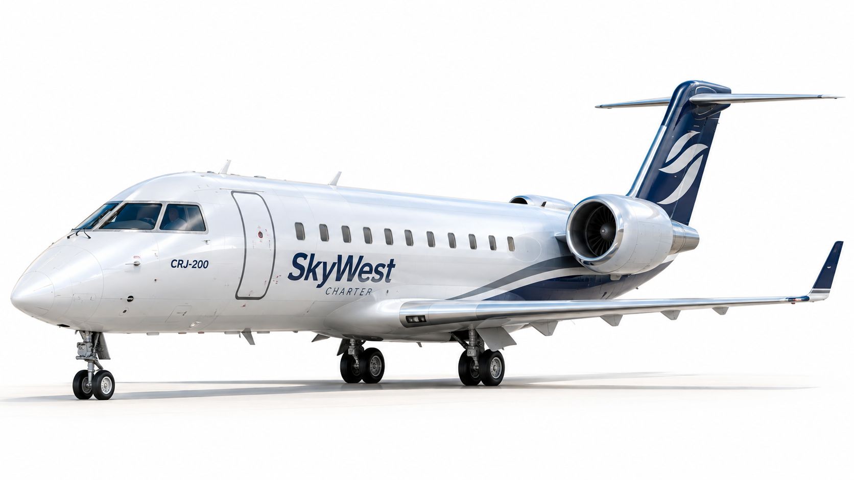 A SkyWest Charter CRJ-200 regional jet airplane parked on a white background, side view.