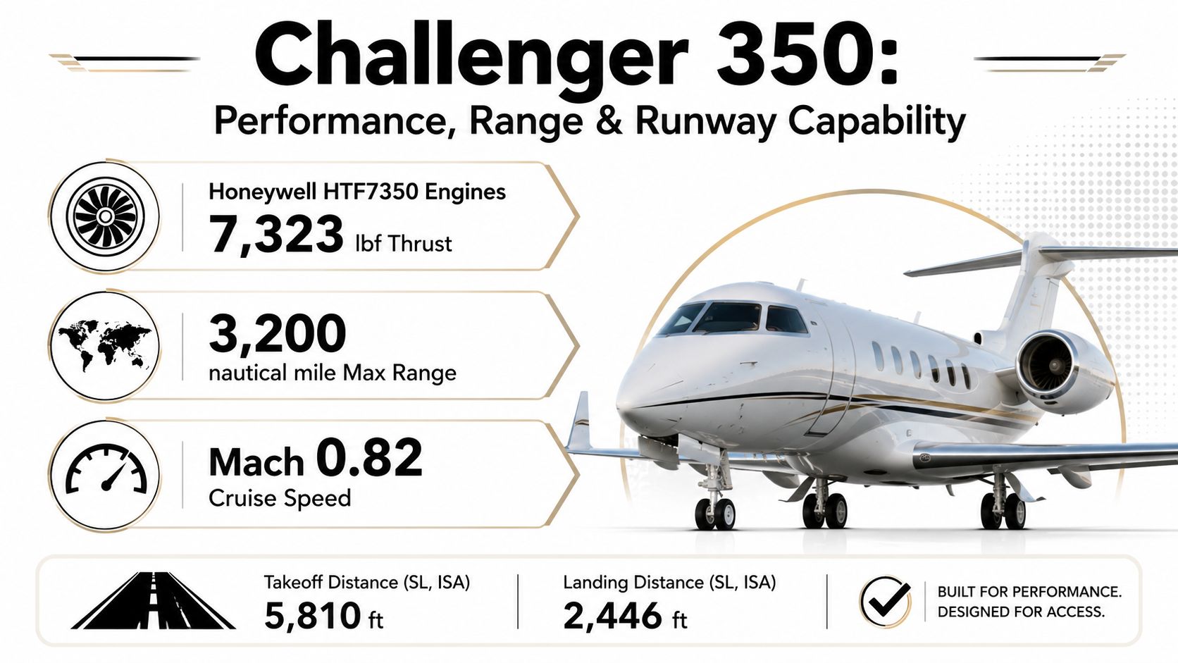 An infographic displaying the performance specifications, range, and runway capabilities of the Challenger 350 private jet.