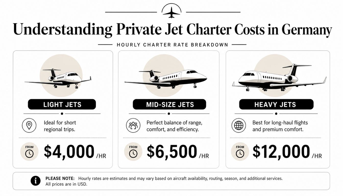 An infographic showing hourly rental costs for light, mid-size, and heavy private jets in Germany.