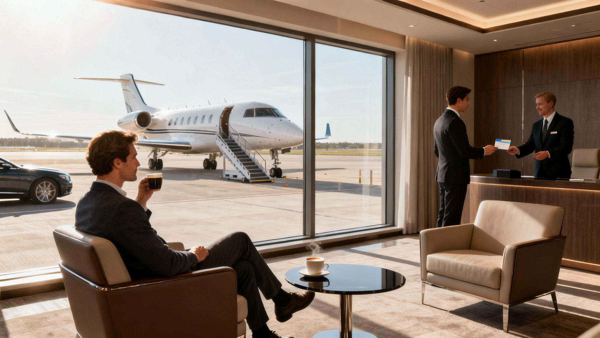 Man sips coffee in a luxurious private jet terminal lounge overlooking a parked jet.