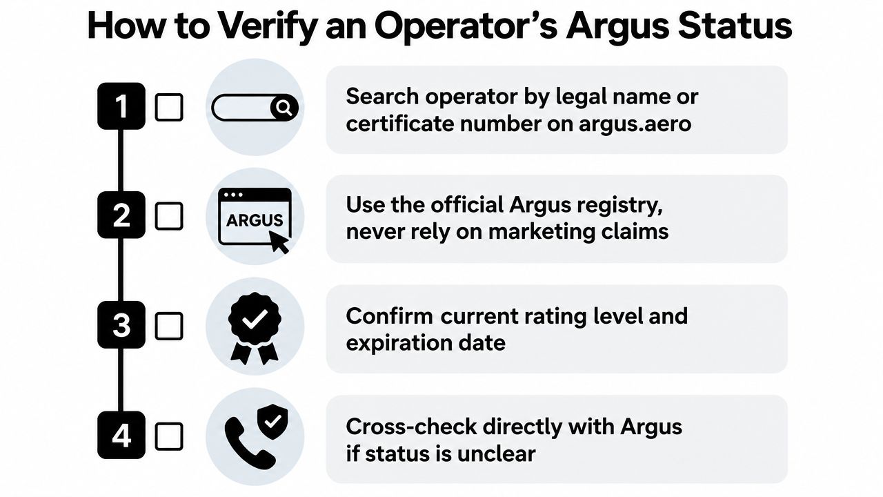 A four-step infographic illustrating the official process for verifying an aviation operator's Argus status online.