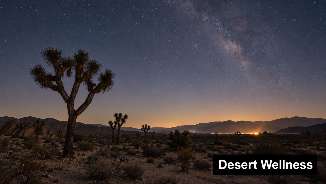 A scenic view of a Joshua tree in the desert under a starry night sky with milky way.