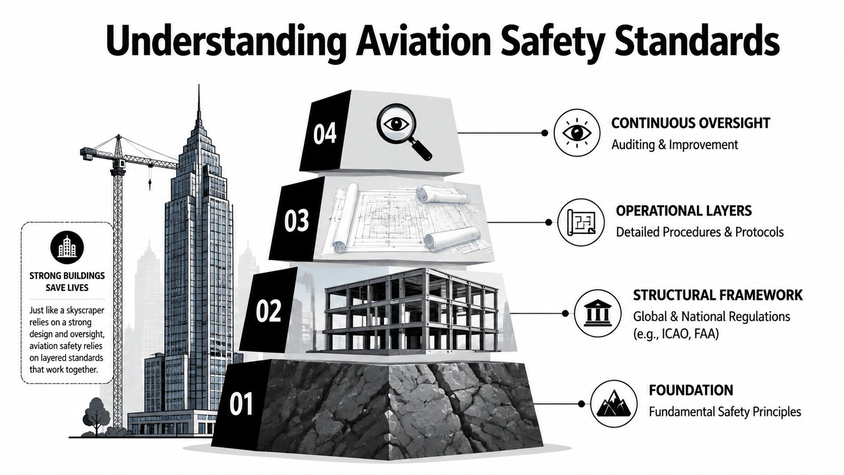 A pyramid diagram showing aviation safety standards layered like a skyscraper, from foundational principles to continuous oversight.