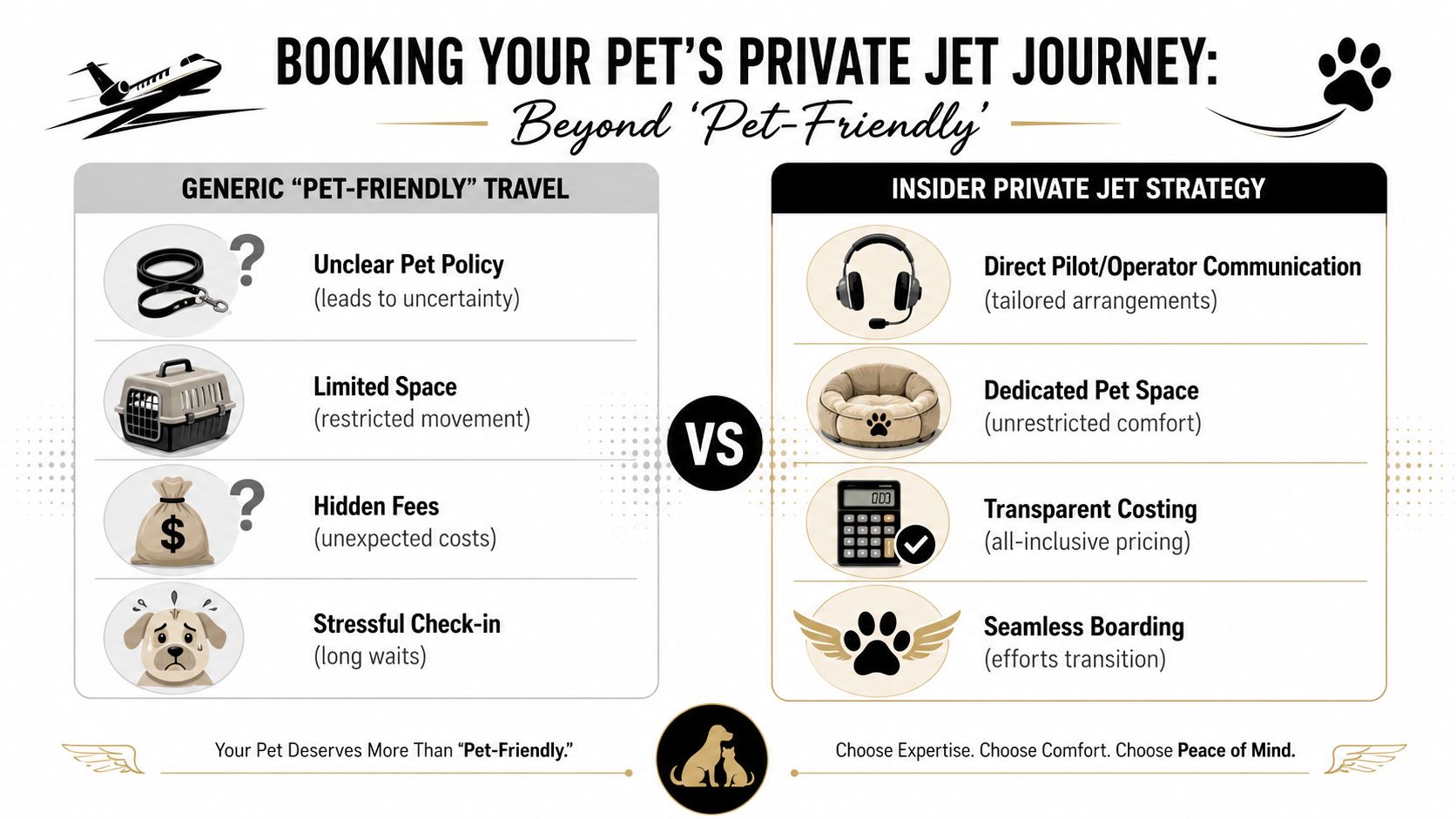 A comparison chart showing benefits of private jet travel for pets versus generic pet-friendly travel options.