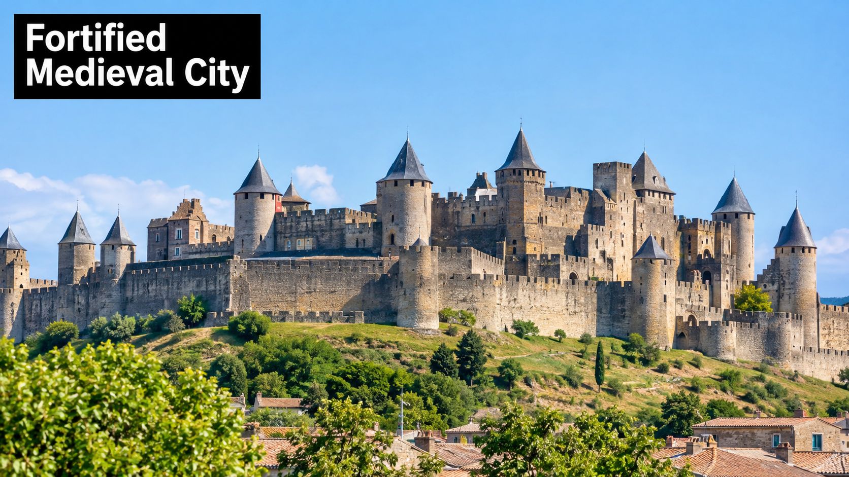 A wide angle view of the medieval city of Carcassonne featuring its impressive stone walls and defensive towers.
