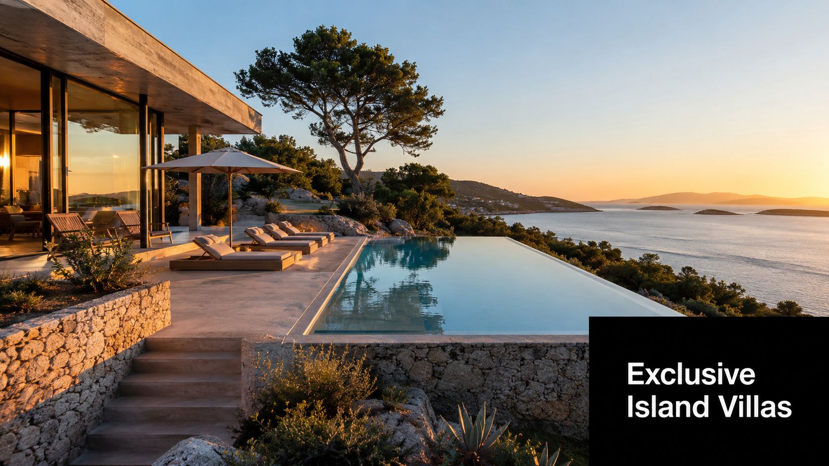 A luxurious infinity pool overlooking the Adriatic Sea at sunset at an exclusive villa in Dugi Otok.