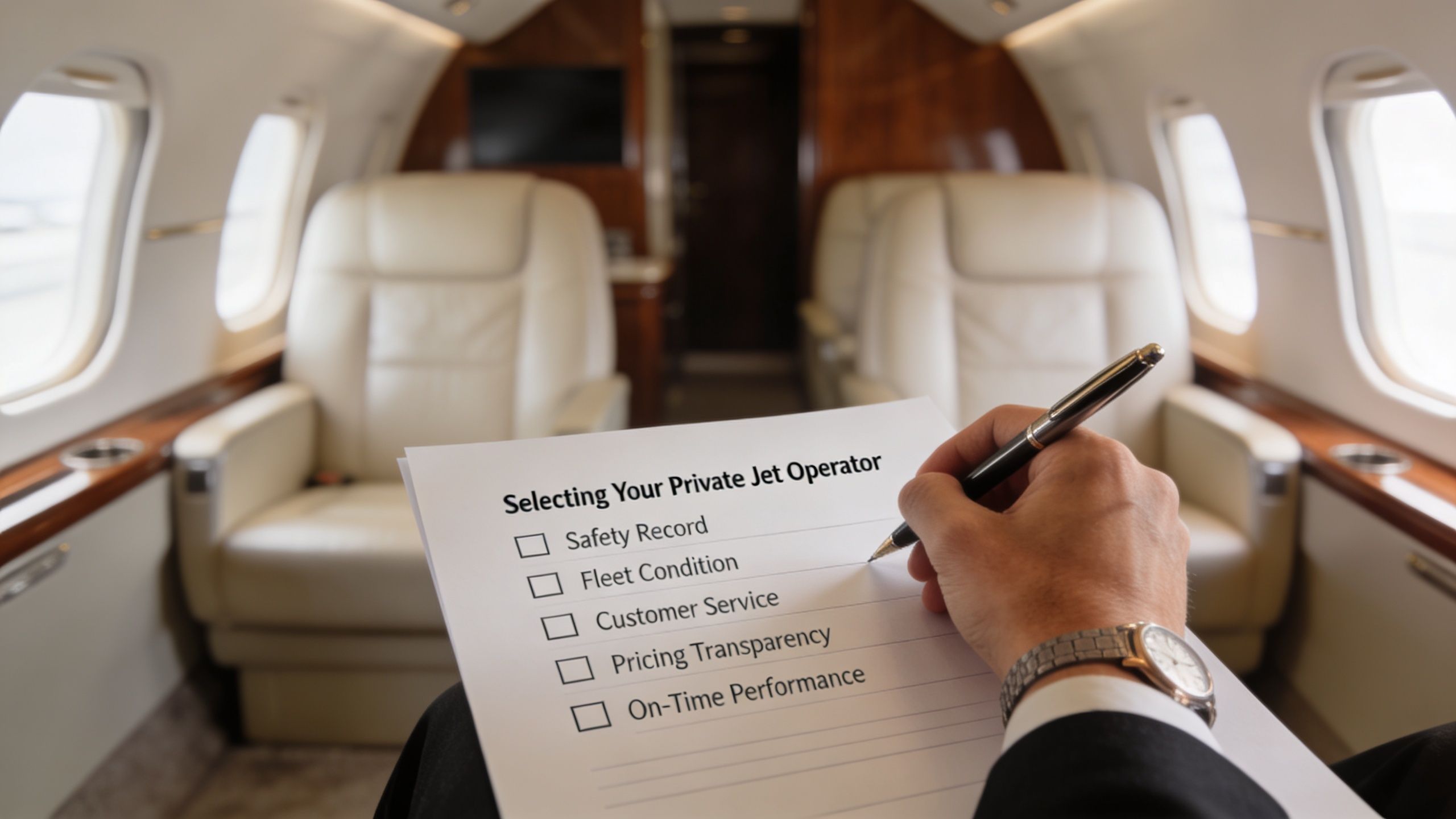 A close-up view of a person using a pen to select options on a private jet checklist.