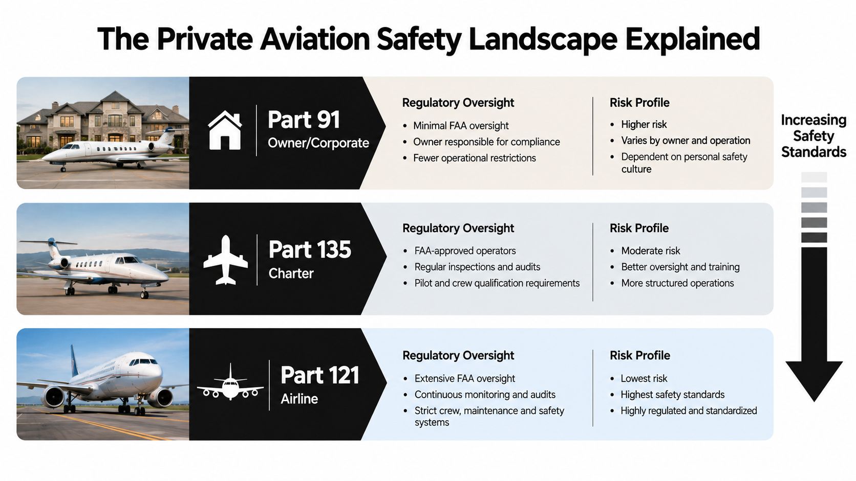A comparison chart showing safety and regulatory differences between Part 91, Part 135, and Part 121 aviation standards.