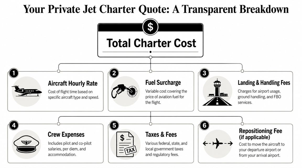 A visual breakdown chart explaining the six primary components that determine the total cost of a private jet charter.