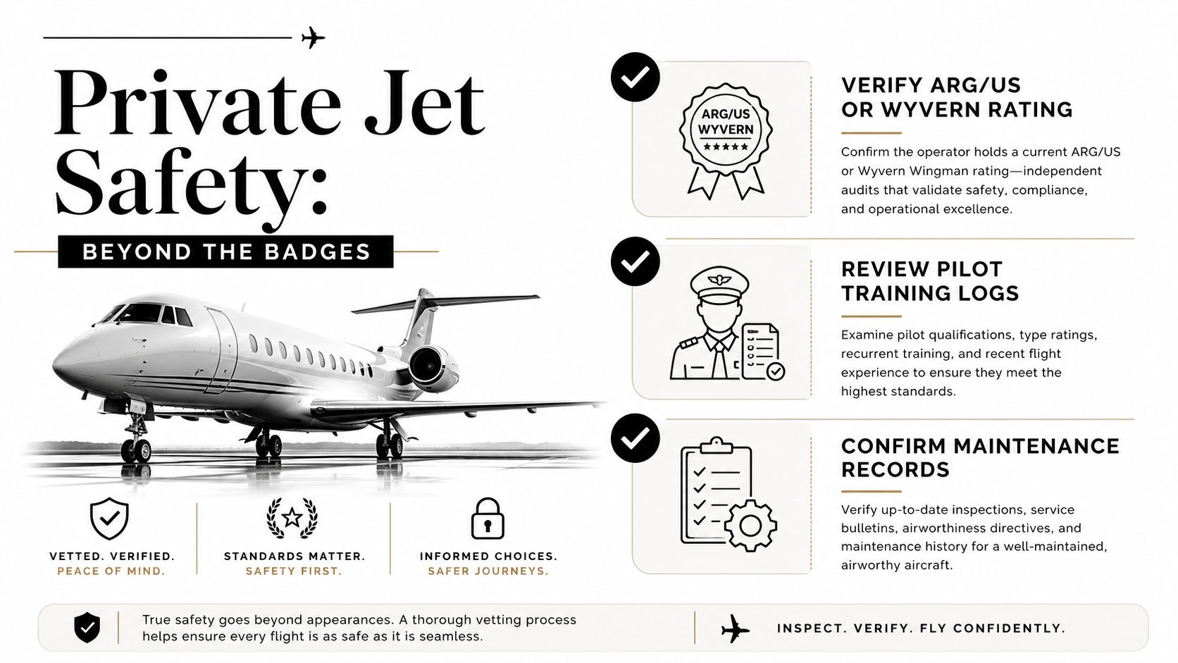 An infographic detailing essential private jet safety checks including operator ratings, pilot training logs, and maintenance records.