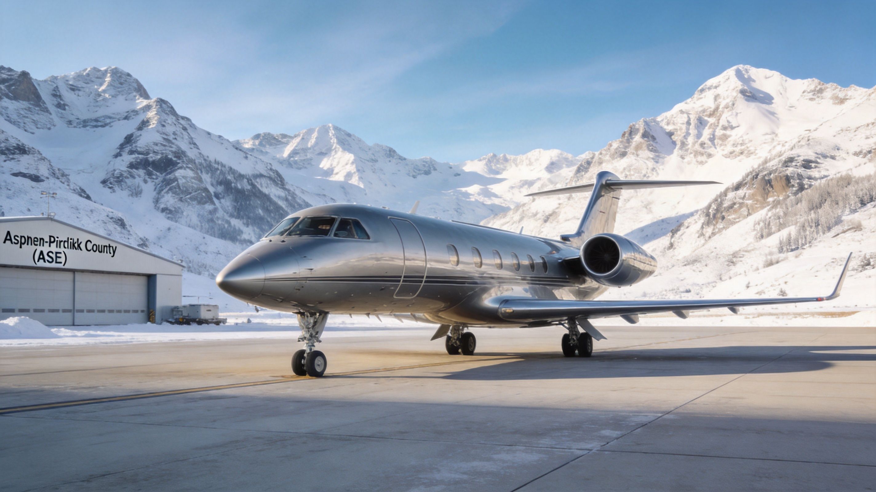 A luxurious silver private jet parked on a snowy tarmac in front of mountains and a hangar.