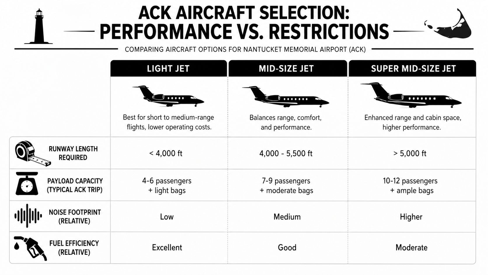 A comparison chart of light, mid-size, and super mid-size jet aircraft performance and restrictions for Nantucket airport.
