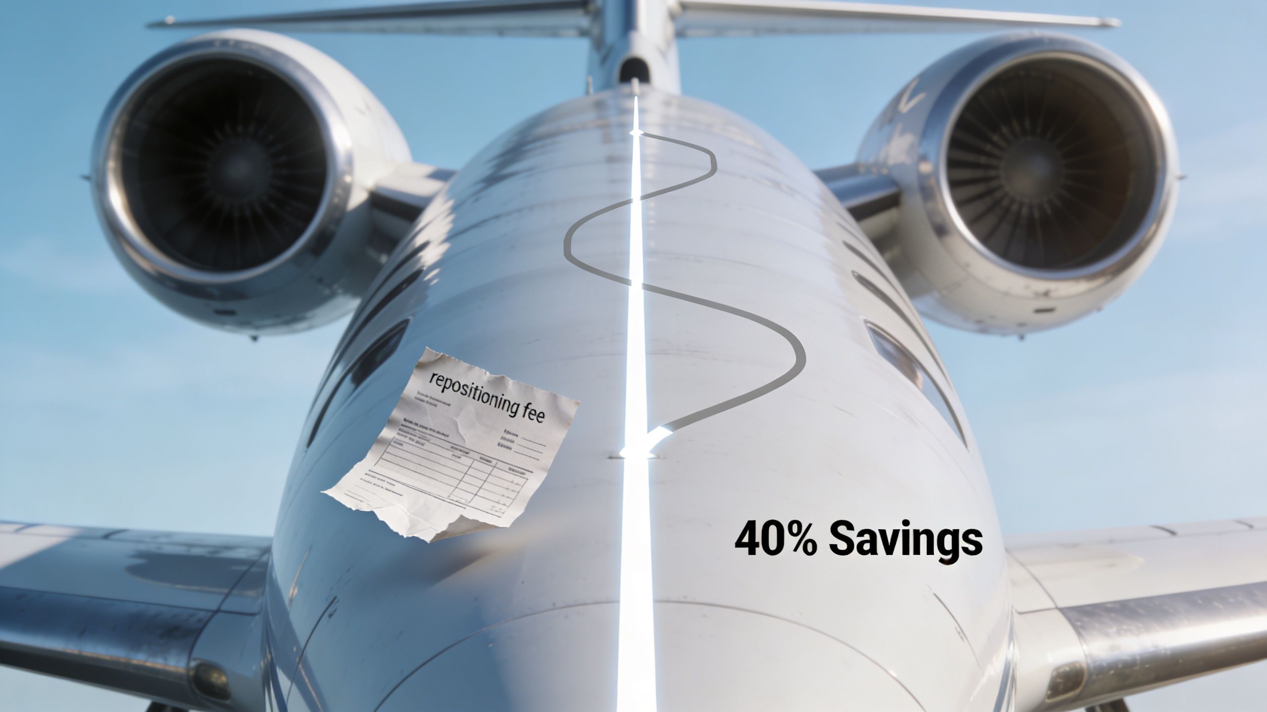 A private jet fuselage with a repositioning fee bill stuck to it, emphasizing 40% savings on flights.