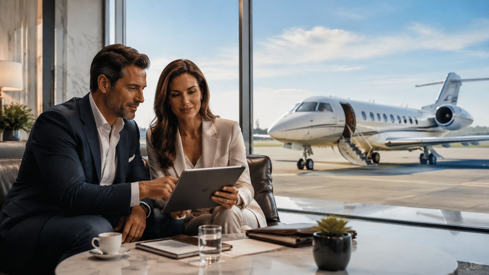 A professional man and woman reviewing a digital tablet inside a luxury airport lounge with a private jet.