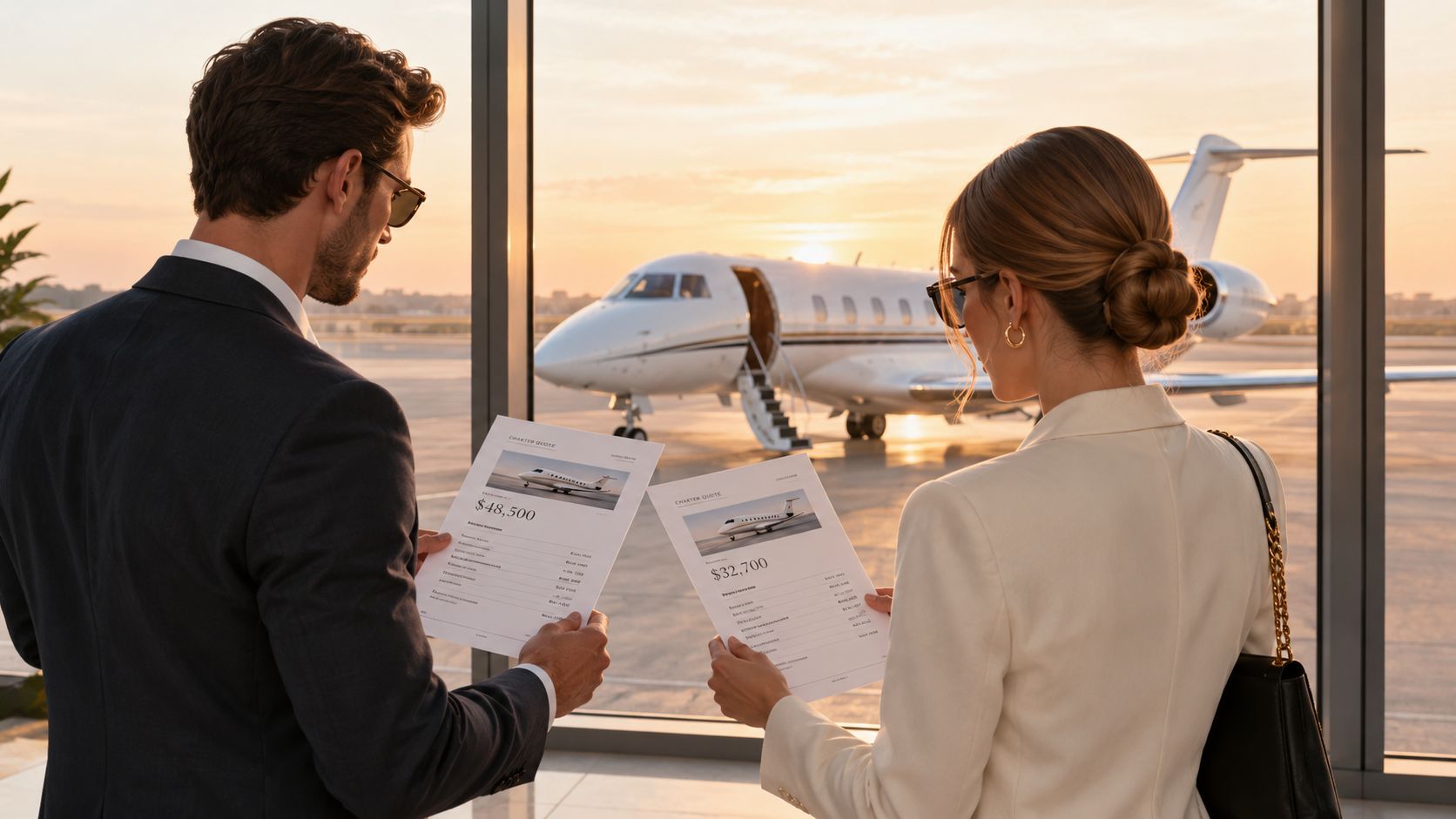 A man and woman in business attire looking at private jet charter price quotes at an airport.