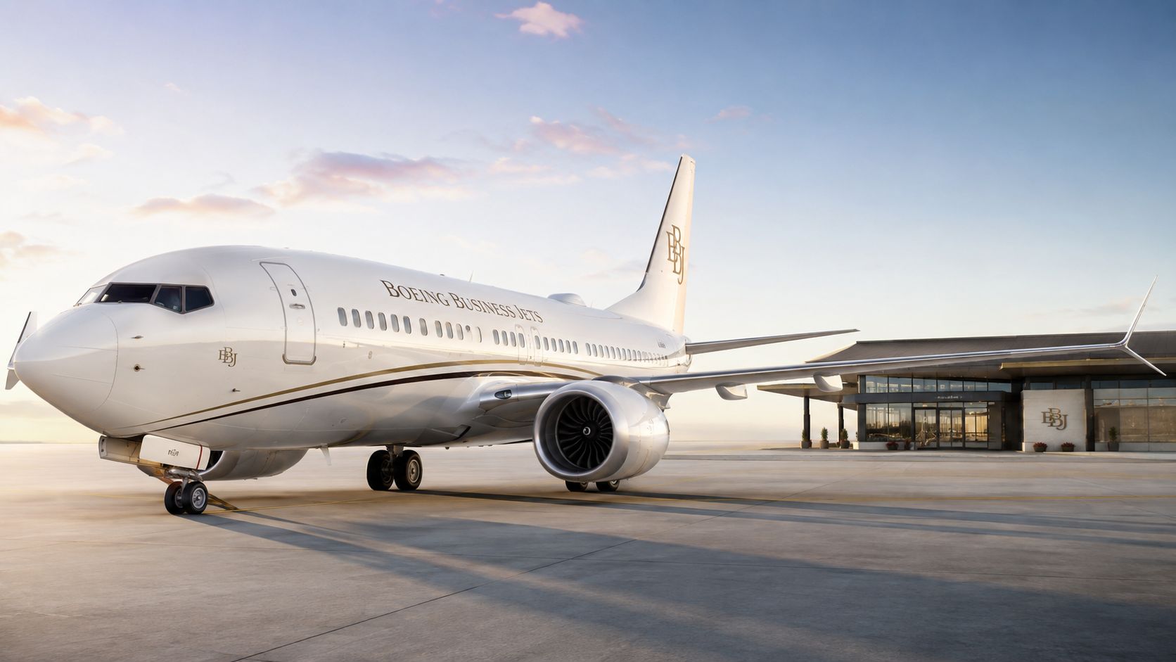 A sleek white Boeing Business Jet parked on an airport tarmac during a clear sunset.