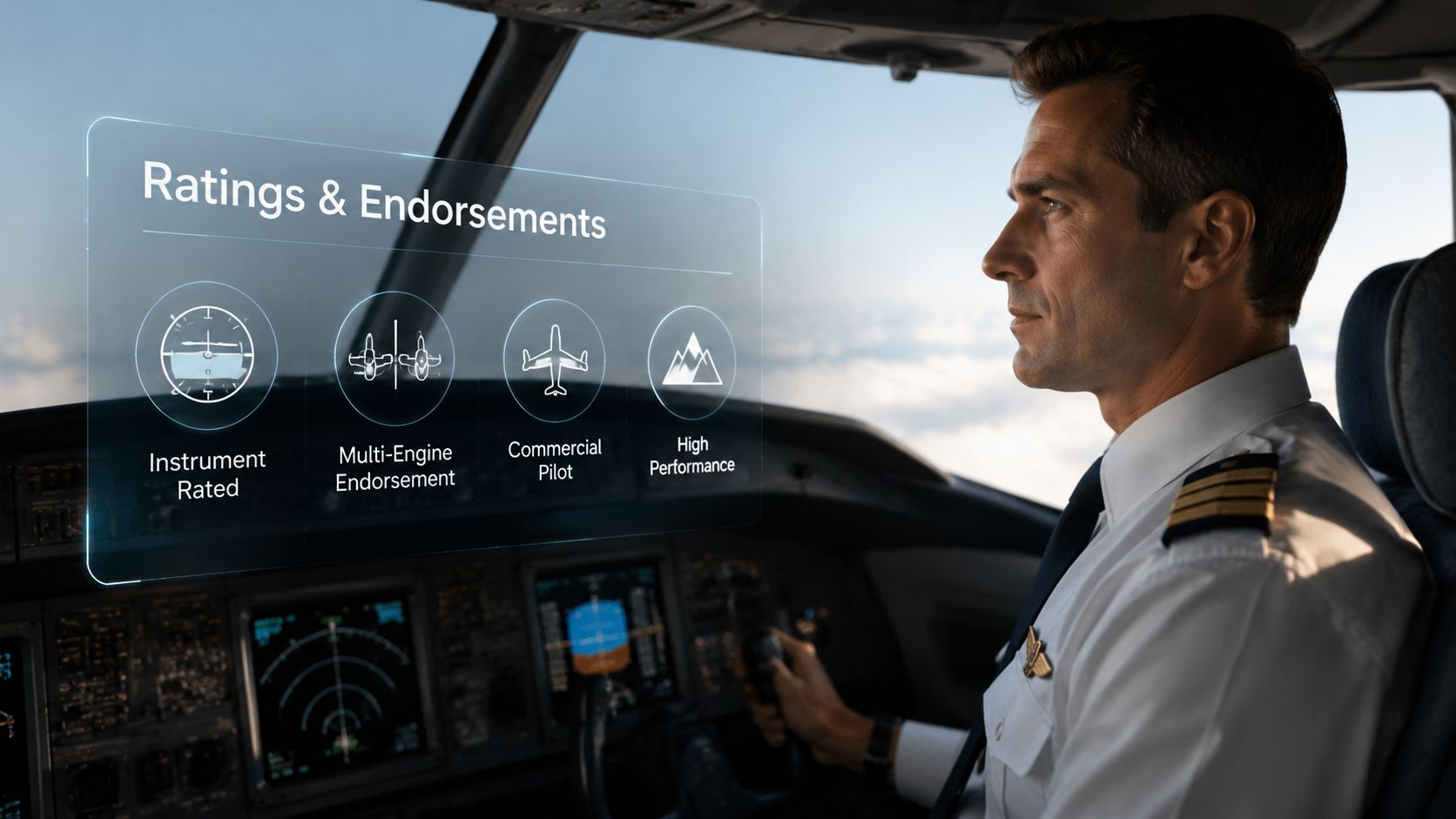 A professional pilot sitting in a cockpit viewing a digital overlay showing various pilot ratings and endorsements.