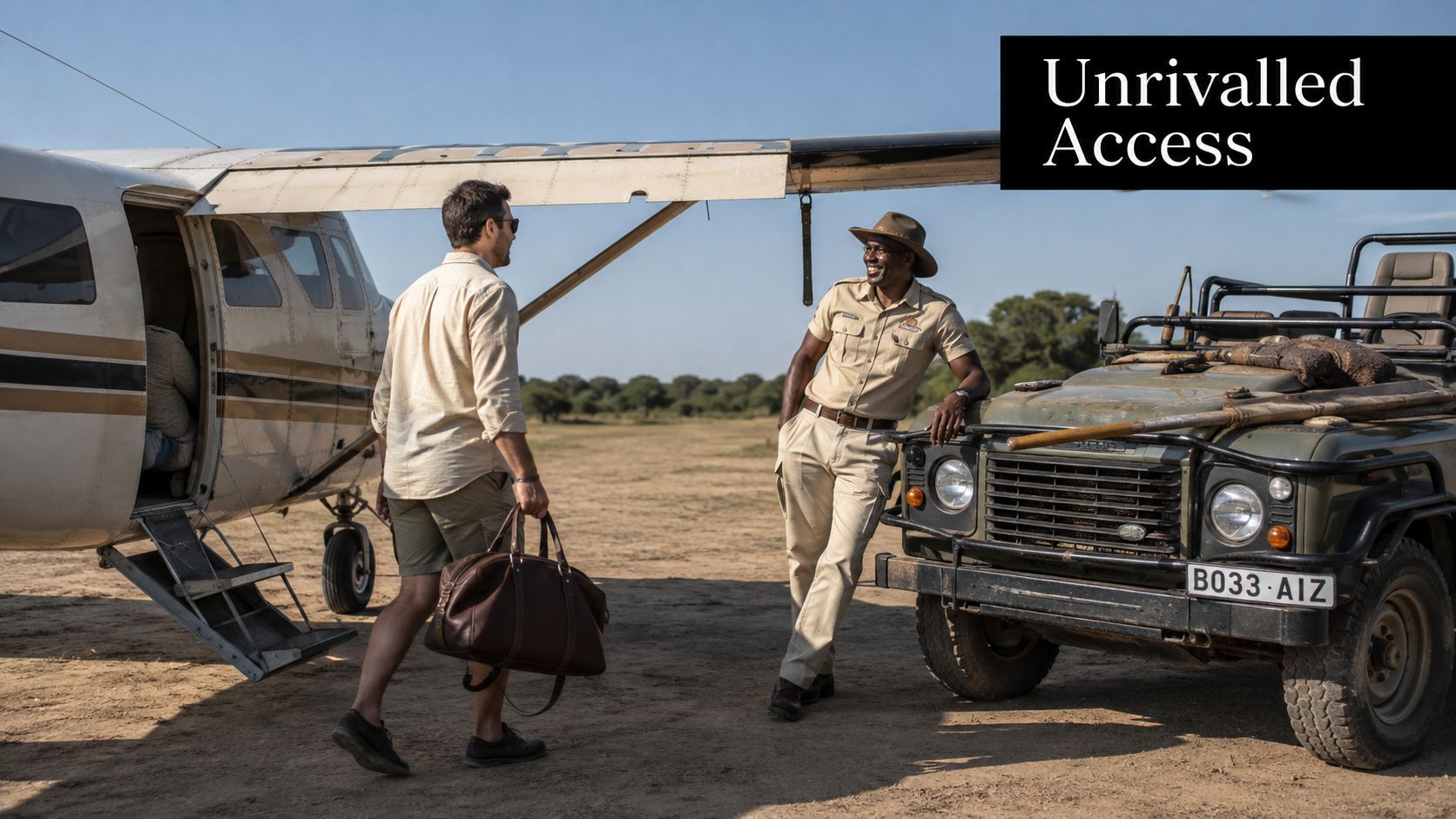 A traveler arriving by small bush plane to be greeted by a safari guide in Botswana.