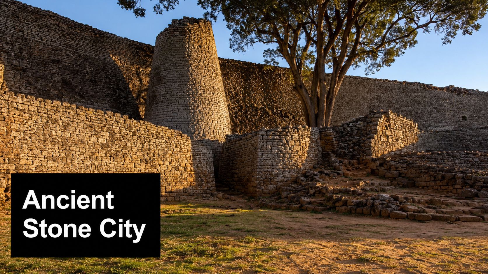 The iconic conical stone tower and ancient dry-stone walls of the Great Zimbabwe ruins at sunset.