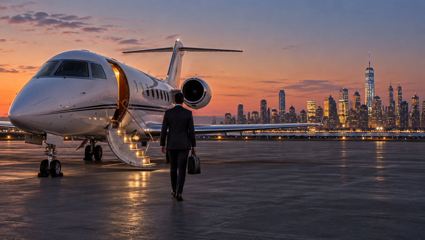 A businessman carrying a briefcase walks toward a luxury private jet on a runway at sunset.