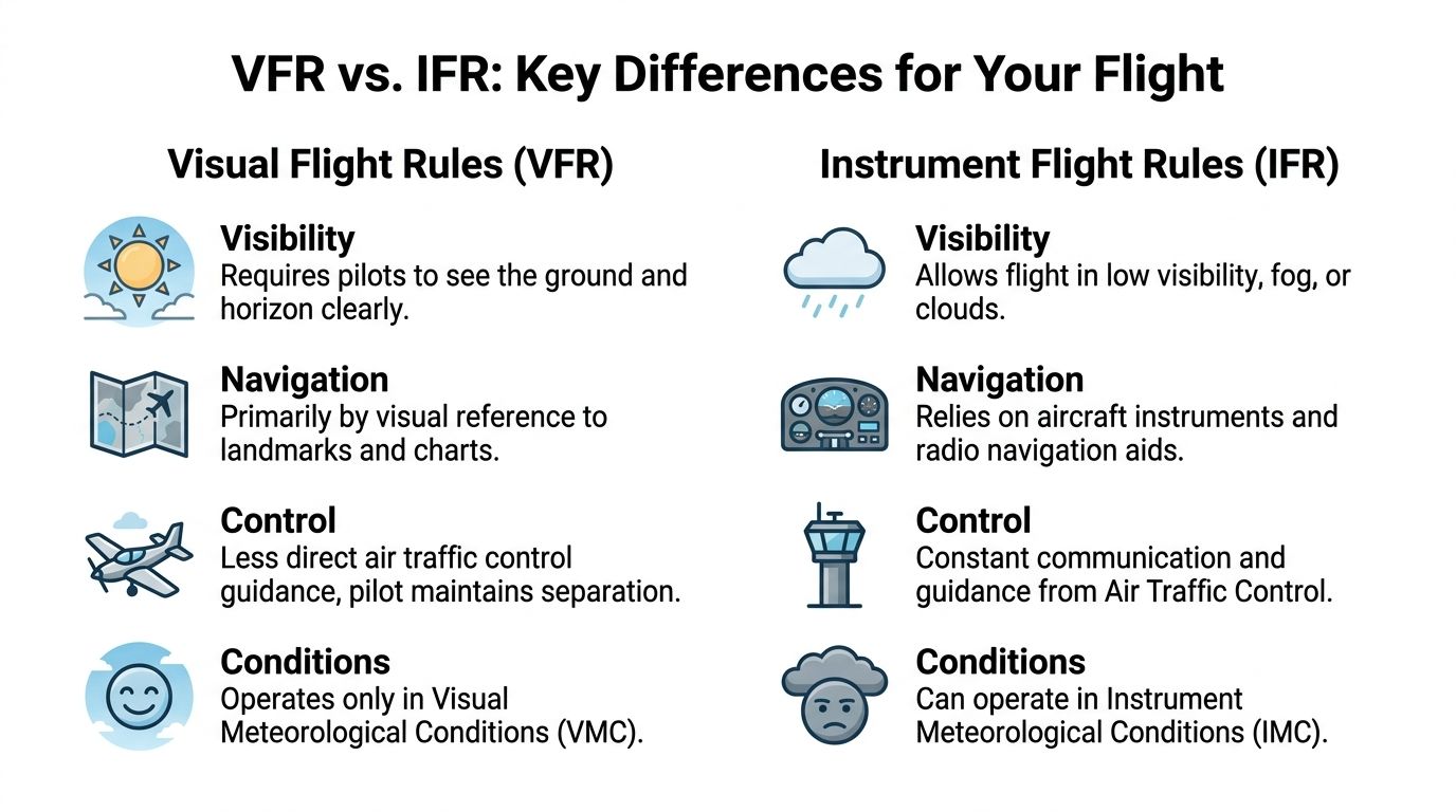 A comparison chart outlining key differences between Visual Flight Rules (VFR) and Instrument Flight Rules (IFR) aviation.