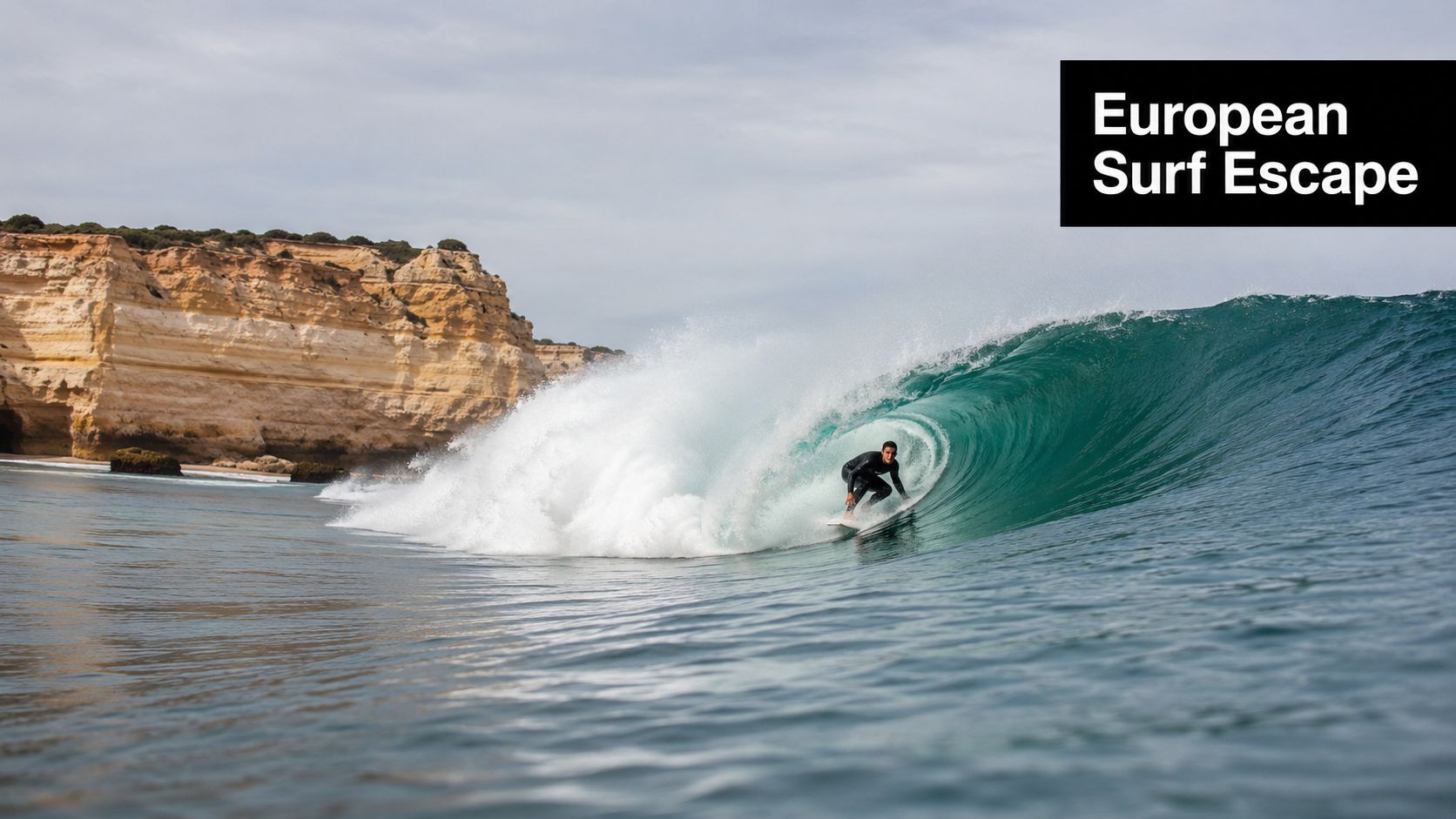 A professional surfer riding inside a large, turquoise barrel wave near scenic sandstone coastal cliffs.