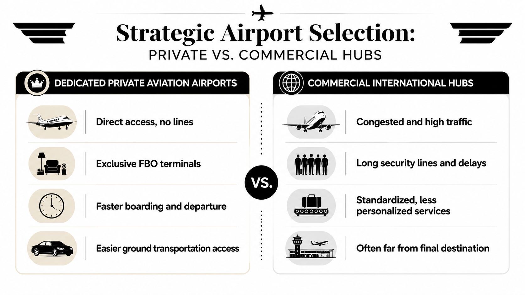 A comparison infographic between dedicated private aviation airports and commercial international hubs for strategic travel selection.