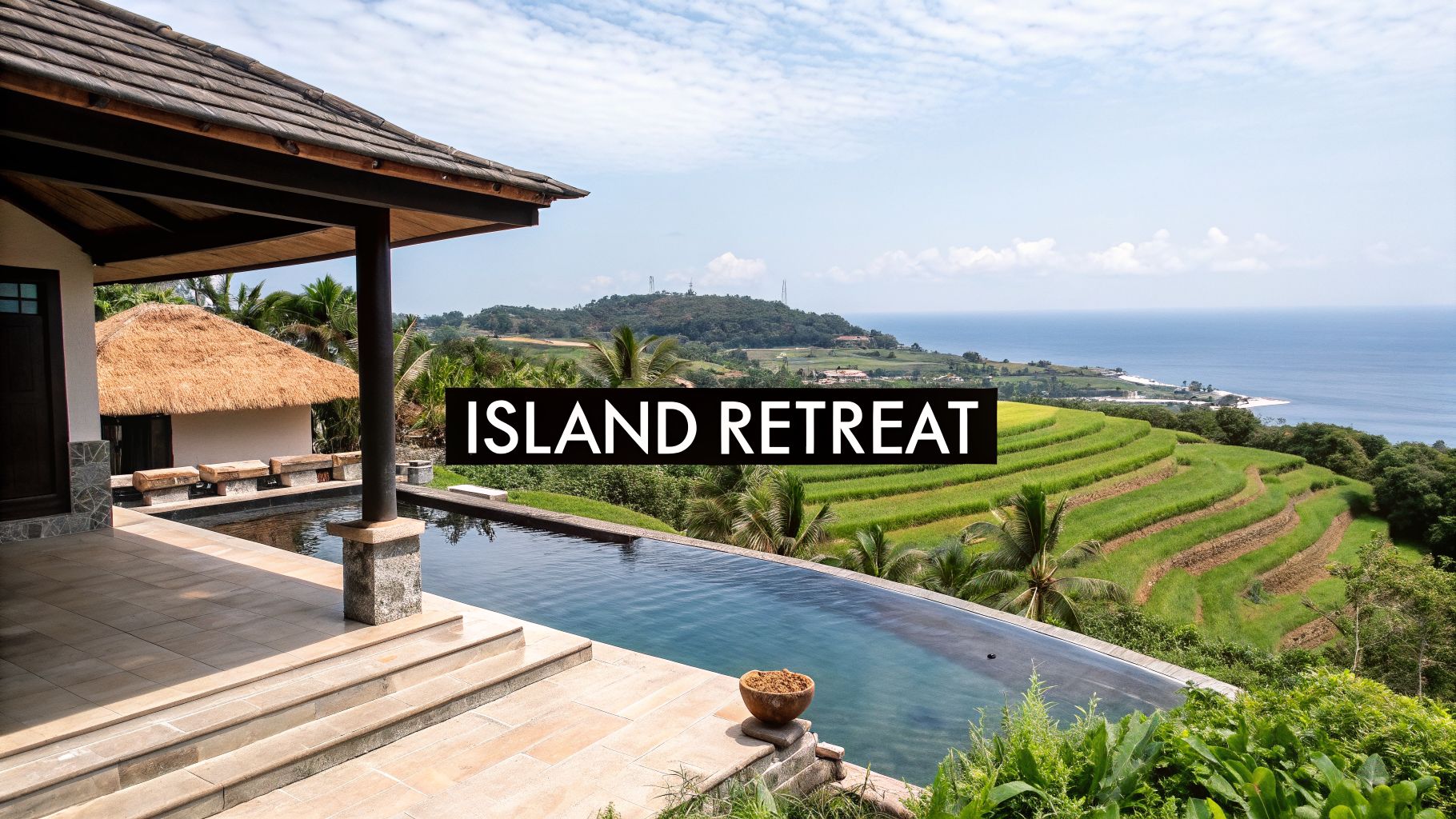 A stunning island retreat featuring a luxurious infinity pool, traditional villa, and vibrant rice terraces overlooking the ocean.