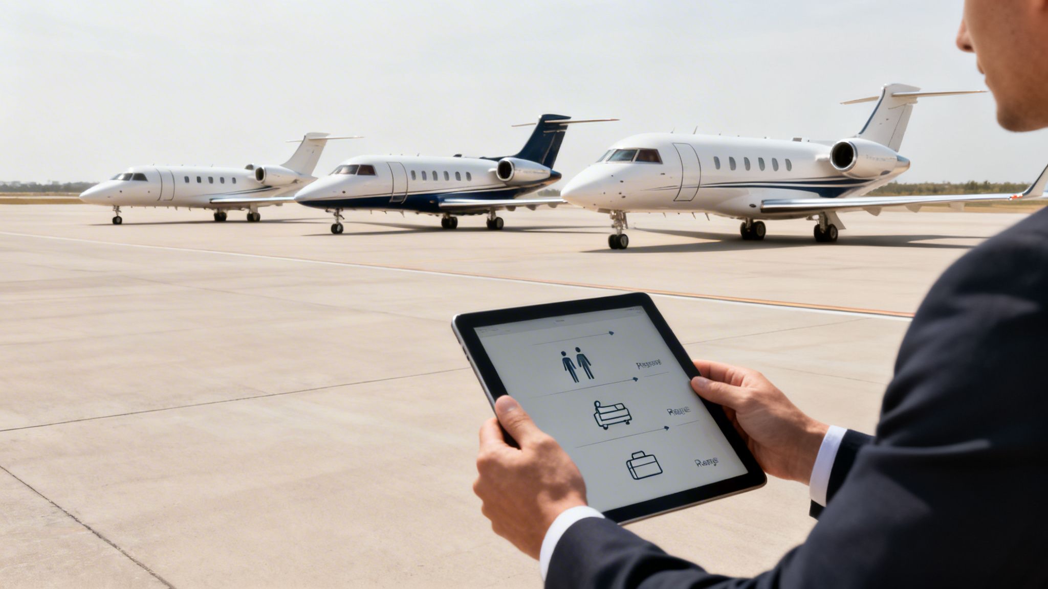 A man in a suit uses a tablet to manage private jet flight details on an airport tarmac.