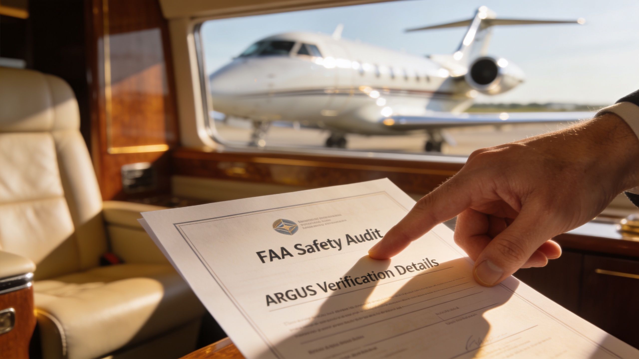 A hand points to an FAA safety audit document inside a luxurious private jet cabin interior.