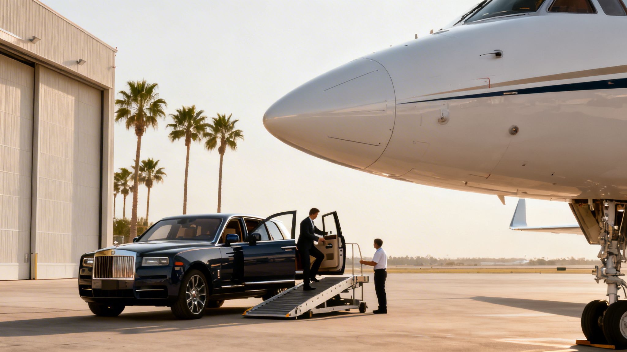 Man steps from a luxury SUV to a private jet on an airport tarmac, assisted by crew.