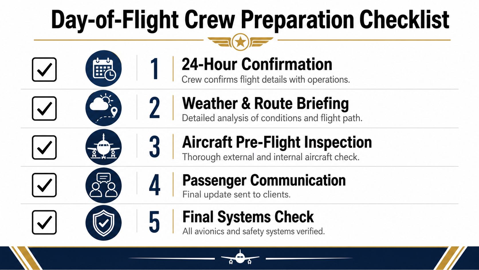 A checklist for private jet pilots featuring five essential steps for day-of-flight preparation and crew readiness.
