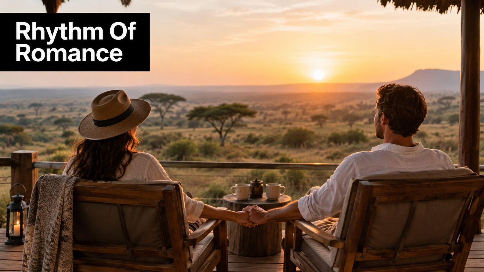 A romantic couple sitting in chairs on a wooden deck overlooking an African savanna at sunset.