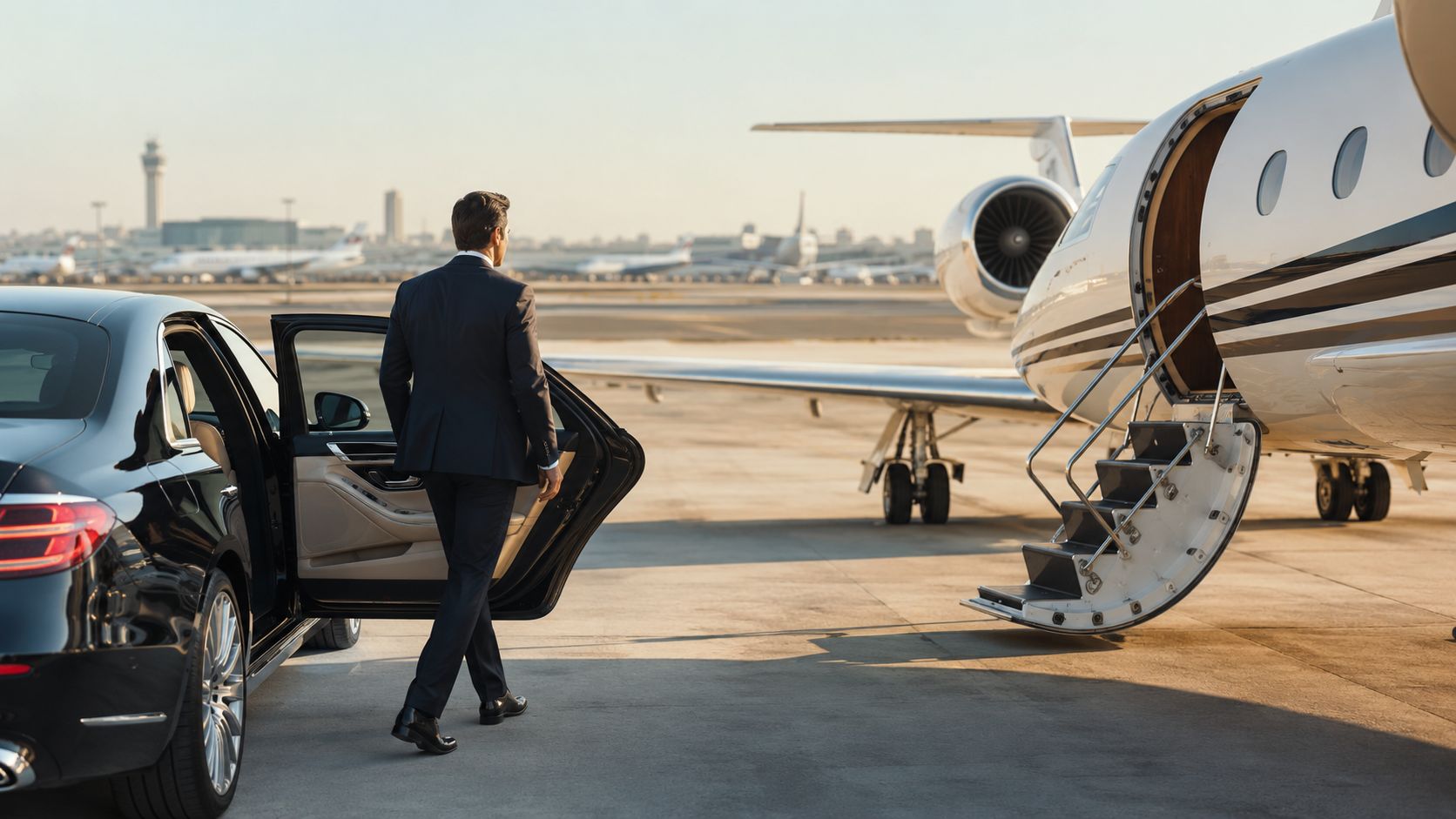 A businessman in a suit arriving at a private jet parked on the airport tarmac.