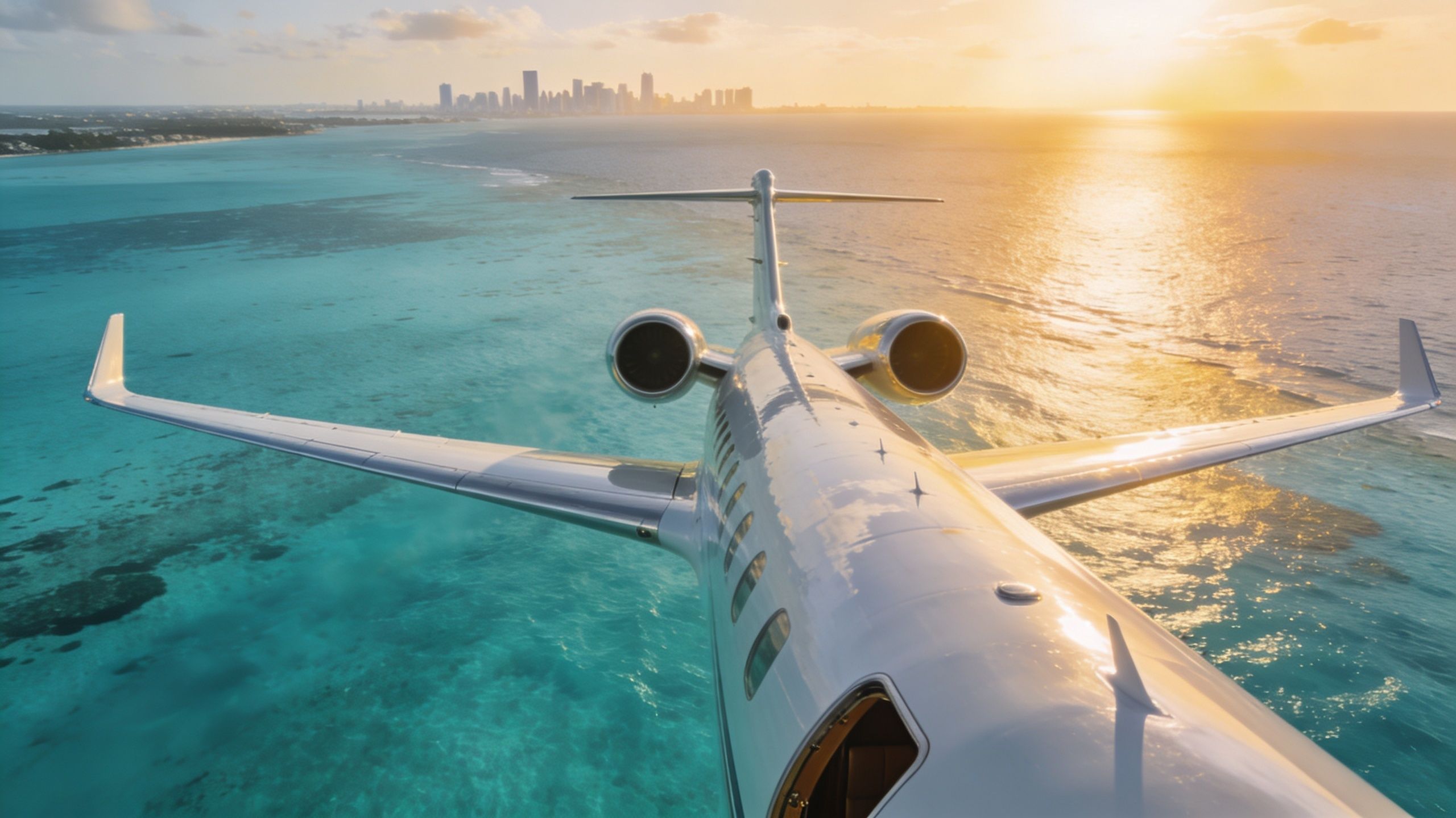 A luxurious private jet flying over the turquoise waters of the Bahamas toward the Miami skyline at sunset.