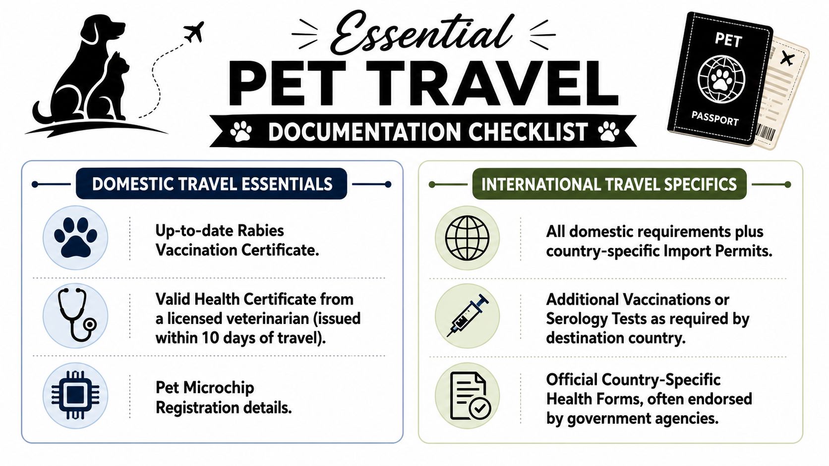 An infographic showing a pet travel documentation checklist for domestic and international air travel requirements.
