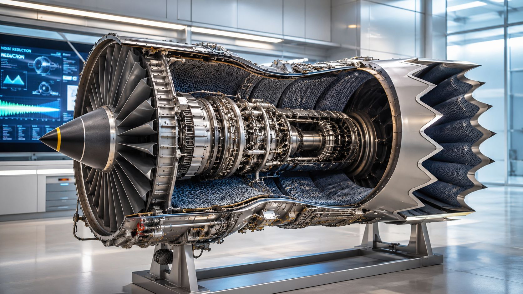 A cutaway view of a high-tech aircraft jet engine displayed in a modern laboratory for noise reduction.