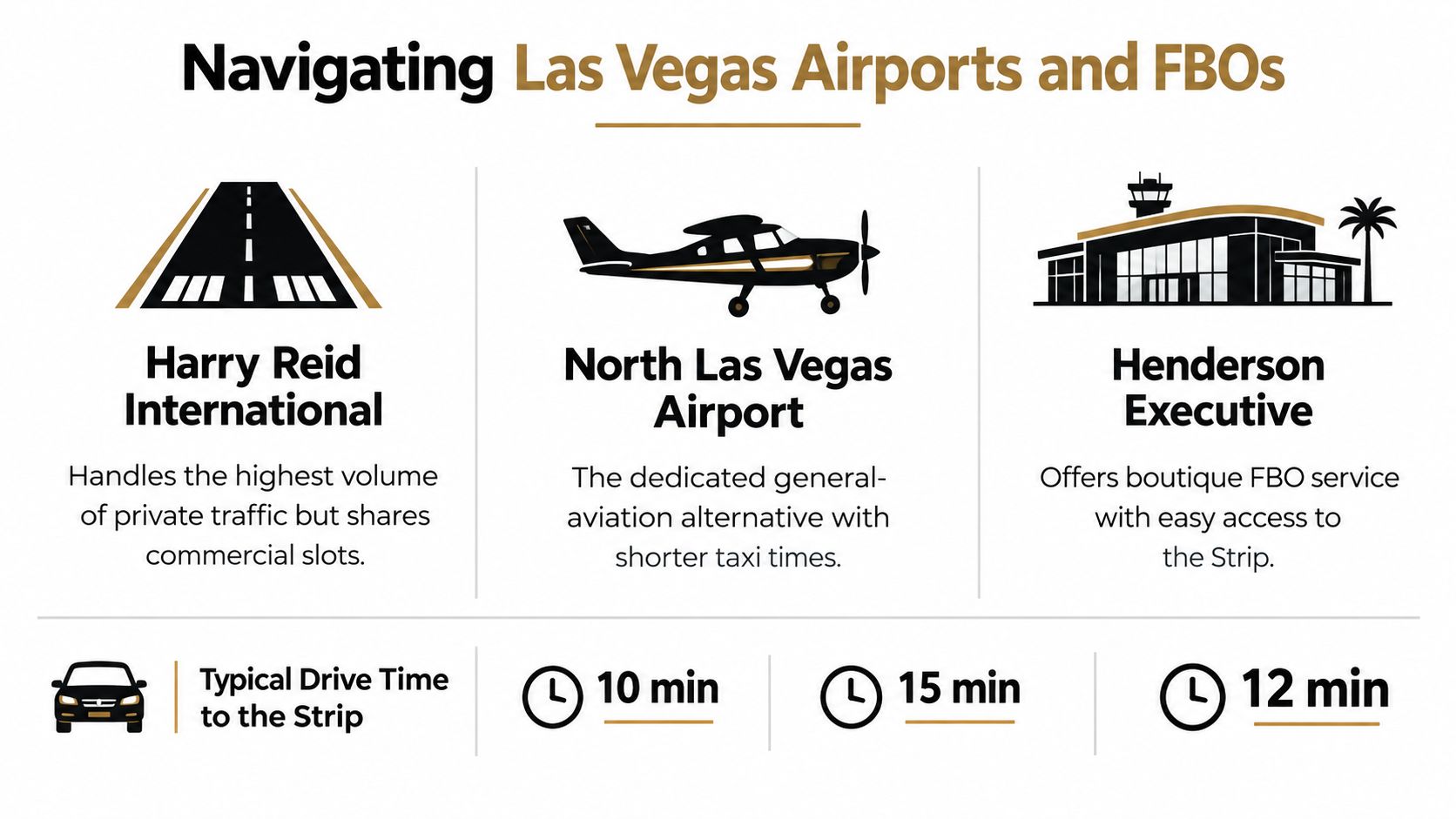 A comparison chart showing three Las Vegas airports with their private aviation features and drive times to the Strip.
