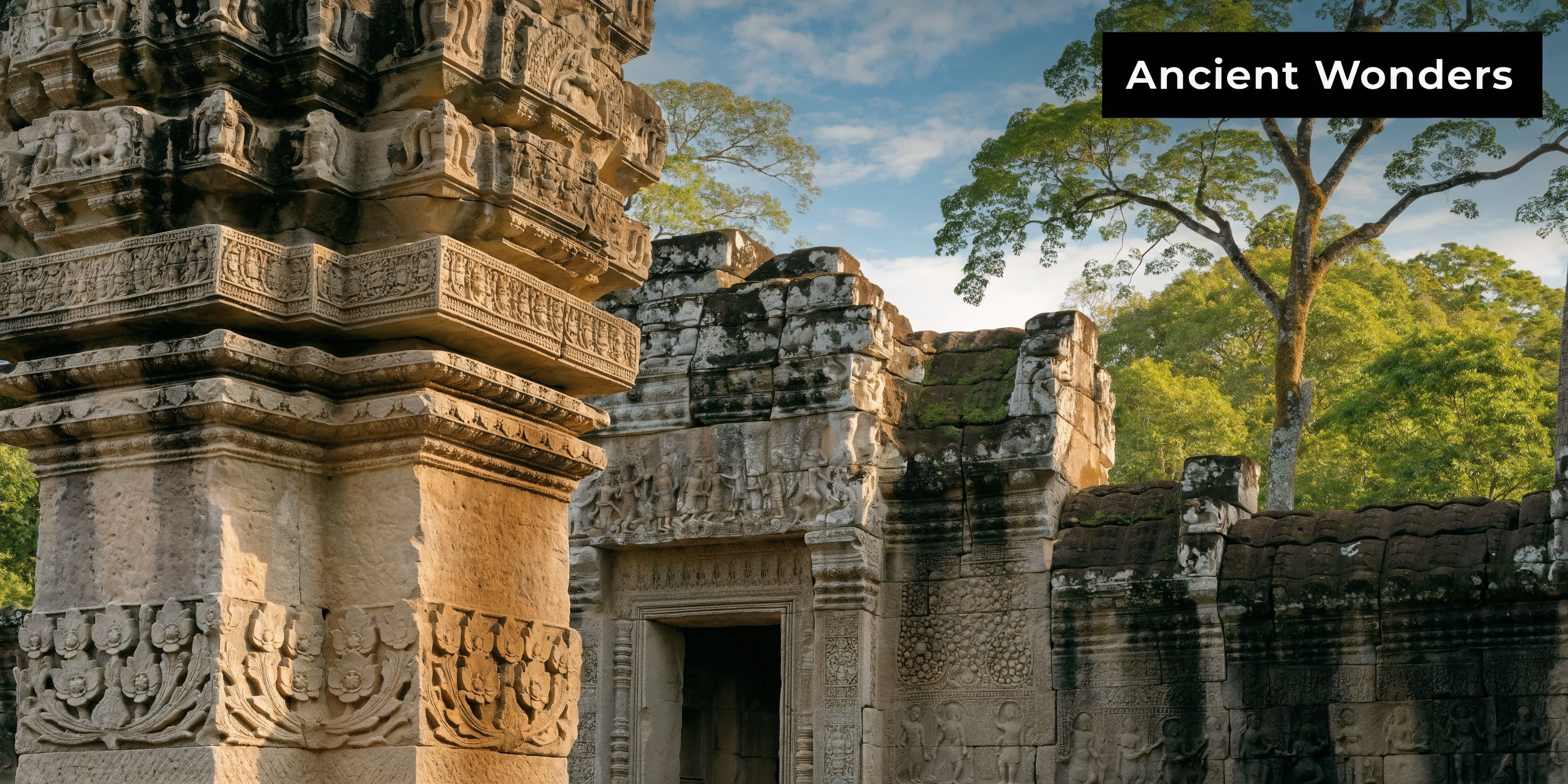 Intricate stone carvings on the ancient temple ruins of Angkor Wat surrounded by lush green trees.