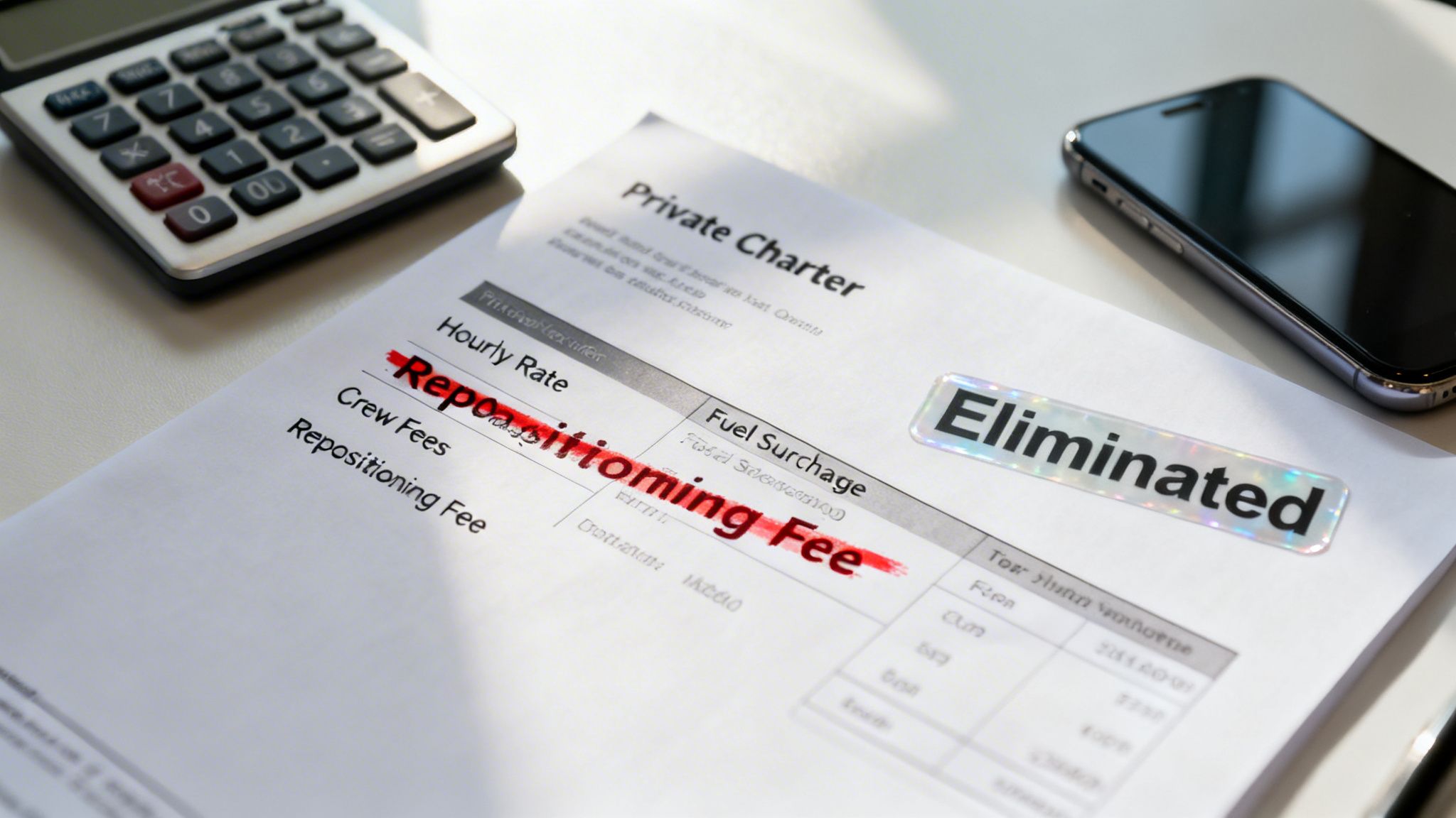 A private charter document with 'Repositioning Fee' crossed out in red and an 'Eliminated' sticker, next to a calculator and smartphone.